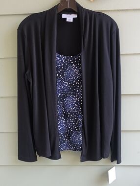 Sag Harbor Black Open Front Jacket W Blue, Black & White Print Shell Sz S NWT